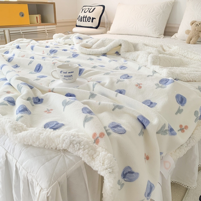 91家纺网 家纺一手货源 找家纺 澳萝拉 2022新款牛奶绒羊羔绒毛毯 郁金香-蓝