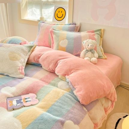 91家纺网 家纺一手货源 找家纺 川悦生活 2024新款立体雪花绒卡通四件套牛奶绒四件套 彩虹爱心粉