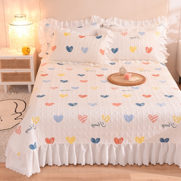 91家纺网 家纺一手货源 找家纺 金盛皇朝2022韩版公主风绗绣三层夹棉床盖宿舍床单心动时光