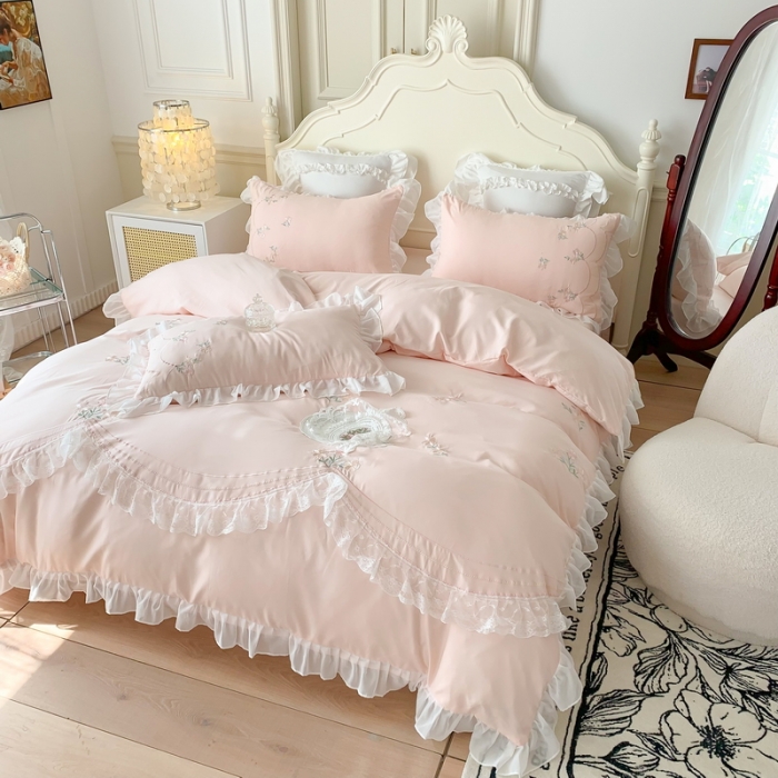 91家纺网 家纺一手货源 找家纺 吾欢心 2025新款罗马棉公主风依恋四件套 奶油粉