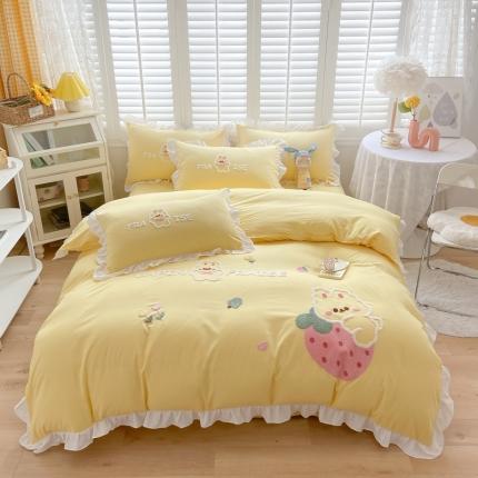 91家纺网 家纺一手货源 找家纺 （总）易禾 2022新款水洗亲肤棉毛巾绣草莓兔四件套