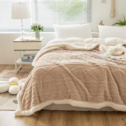 网客家纺 2024新款塔芙绒提花羊羔绒盖毯 驼色