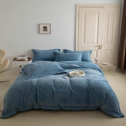 91家纺网 家纺一手货源 找家纺 舒梦琪 2024新款牛奶绒立体雕花床盖四件套 蓝灰