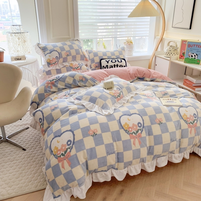 91家纺网 家纺一手货源 找家纺 吾欢心 2024新款韩版加厚花边牛奶绒四件套 格子花