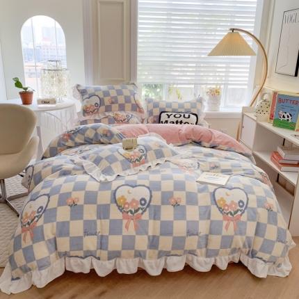 吾欢心 2024新款韩版加厚花边牛奶绒四件套 格子花
