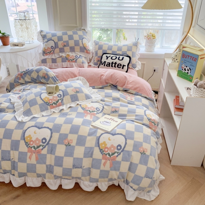 91家纺网 家纺一手货源 找家纺 吾欢心 2024新款韩版加厚花边牛奶绒四件套 格子花