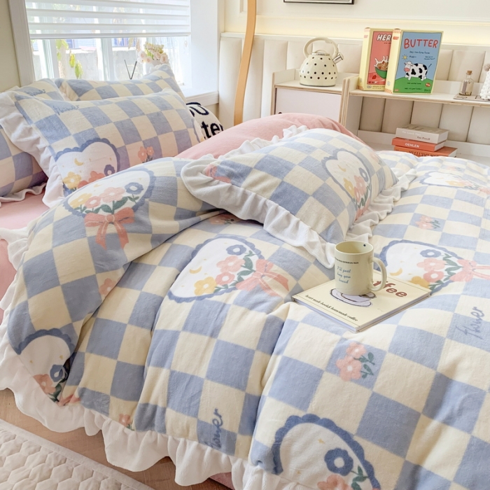 91家纺网 家纺一手货源 找家纺 吾欢心 2024新款韩版加厚花边牛奶绒四件套 格子花