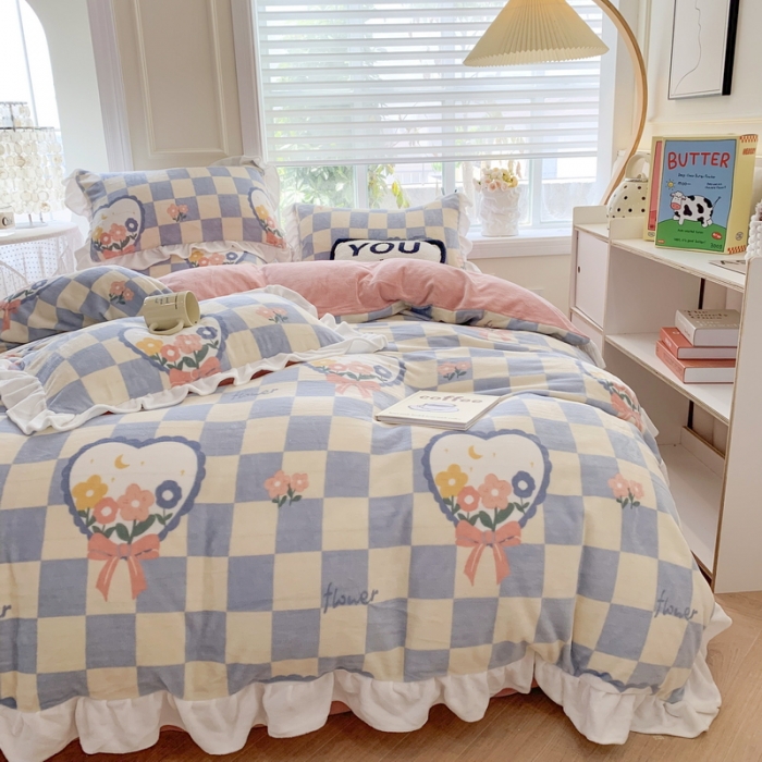 91家纺网 家纺一手货源 找家纺 吾欢心 2024新款韩版加厚花边牛奶绒四件套 格子花