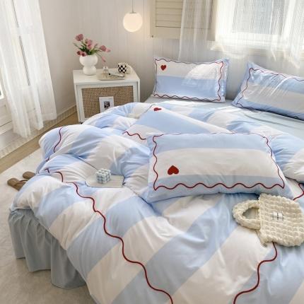 91家纺网 家纺一手货源 找家纺 花伞家居 甜系少女温柔绣花加印花四件套（提供卖家秀） 心恋-蓝