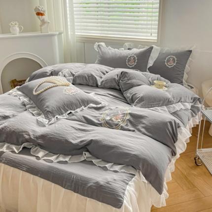 91家纺网 家纺一手货源 找家纺 漫仙阁 新款ins公主风日式绣花花边四件套甜蜜少女-绅士灰