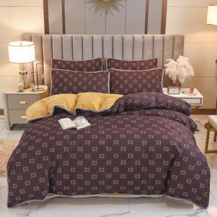 91家纺网 家纺一手货源 找家纺 琪琪阁家纺 2022新款全棉加牛奶绒系列四件套 酷奇-咖