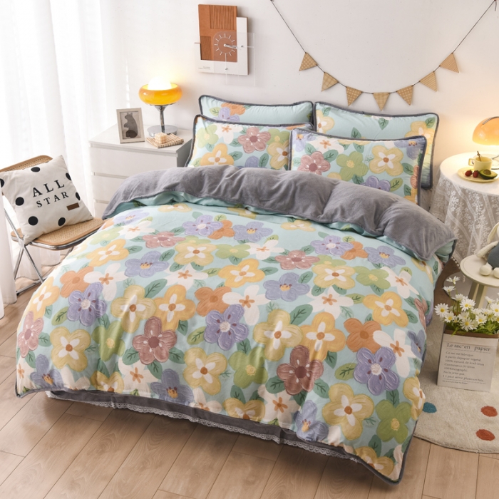 91家纺网 家纺一手货源 找家纺 琪琪阁家纺 2022新款全棉加牛奶绒系列四件套 花田梦