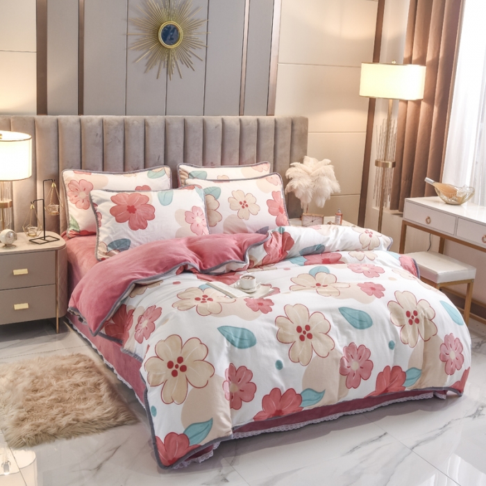 91家纺网 家纺一手货源 找家纺 琪琪阁家纺 2022新款全棉加牛奶绒系列四件套 解语花