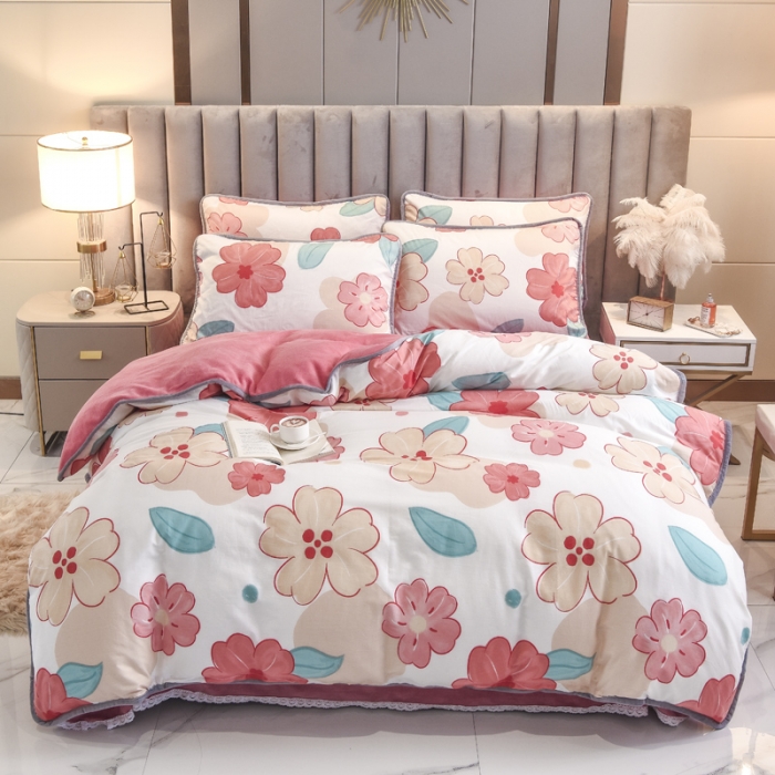 91家纺网 家纺一手货源 找家纺 琪琪阁家纺 2022新款全棉加牛奶绒系列四件套 解语花