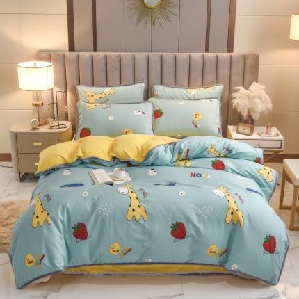 琪琪阁家纺 2022新款全棉加牛奶绒系列四件套 开心小鹿-绿