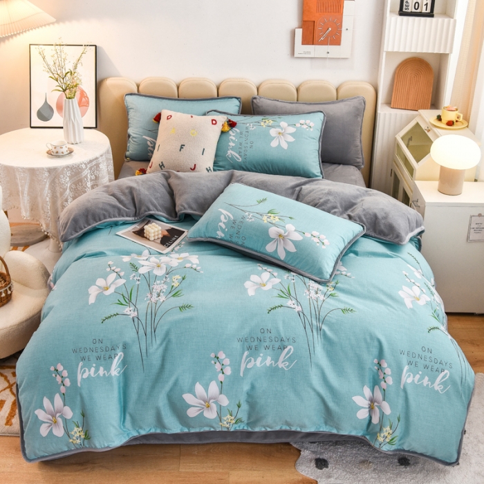 91家纺网 家纺一手货源 找家纺 琪琪阁家纺 2022新款全棉加牛奶绒系列四件套 宁静生活