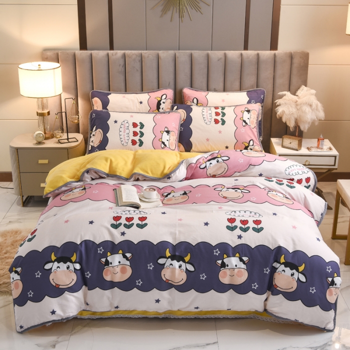 91家纺网 家纺一手货源 找家纺 琪琪阁家纺 2022新款全棉加牛奶绒系列四件套 勇敢牛牛