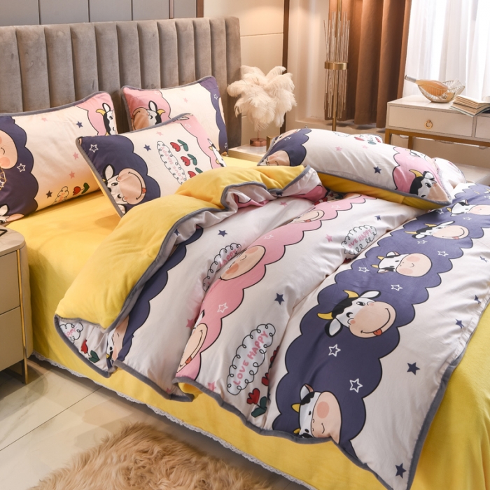 91家纺网 家纺一手货源 找家纺 琪琪阁家纺 2022新款全棉加牛奶绒系列四件套 勇敢牛牛