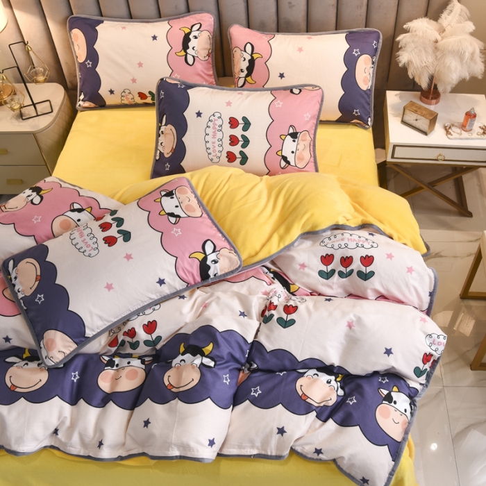 91家纺网 家纺一手货源 找家纺 琪琪阁家纺 2022新款全棉加牛奶绒系列四件套 勇敢牛牛