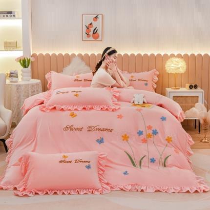 唐人居 2025新款宝宝绒毛巾绣花边四件套- 蒲公英之恋-粉