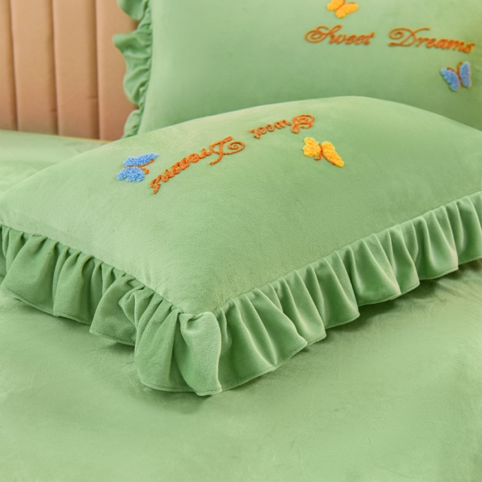 91家纺网 家纺一手货源 找家纺 唐人居 2025新款宝宝绒毛巾绣花边四件套-蒲公英之恋-绿