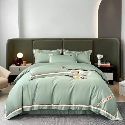 91家纺网 家纺一手货源 找家纺 高大尚 2022新款诺利森系列贡缎绣花长绒棉四件套 诺利森-有氧绿