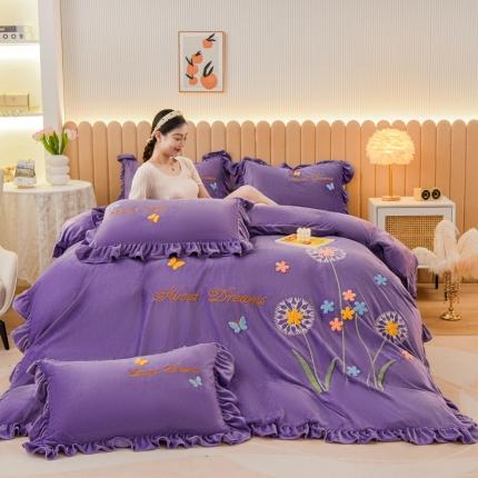 唐人居2025新款宝宝绒毛巾绣花边四件套-蒲公英之恋 -紫