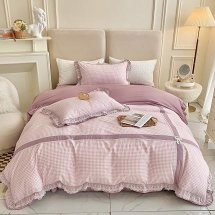 91家纺网 家纺一手货源 找家纺 橙艺家居 2022新款全棉色织水洗花边工艺款四件套塞纳河畔紫