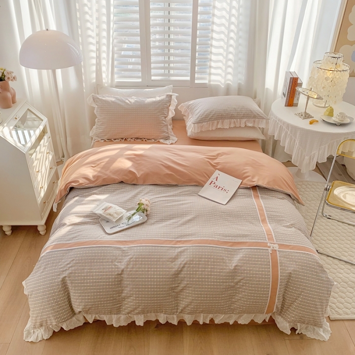 91家纺网 家纺一手货源 找家纺 橙艺家居 2022新款全棉色织水洗花边工艺款四件套塞纳河畔