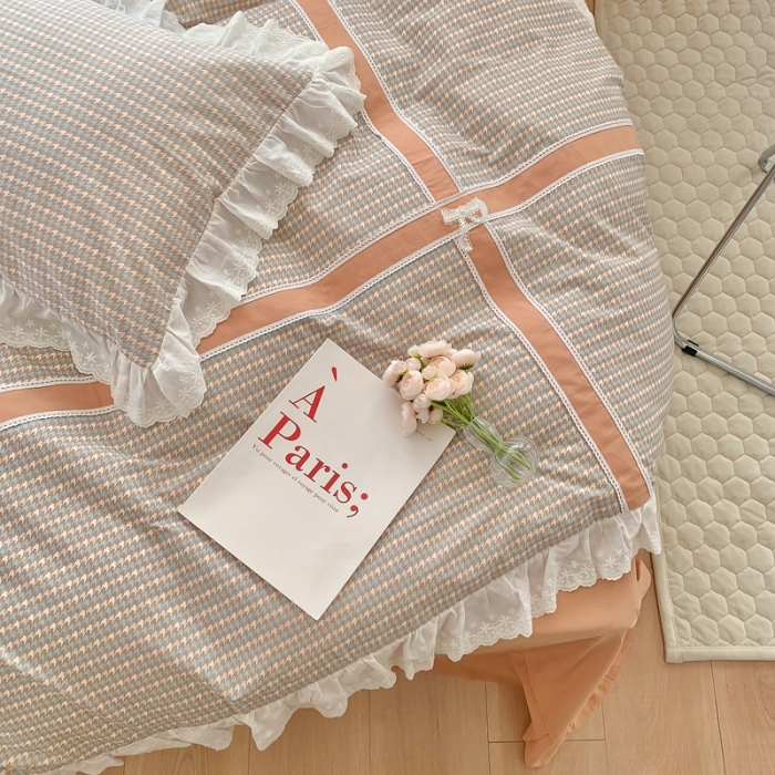 91家纺网 家纺一手货源 找家纺 橙艺家居 2022新款全棉色织水洗花边工艺款四件套塞纳河畔