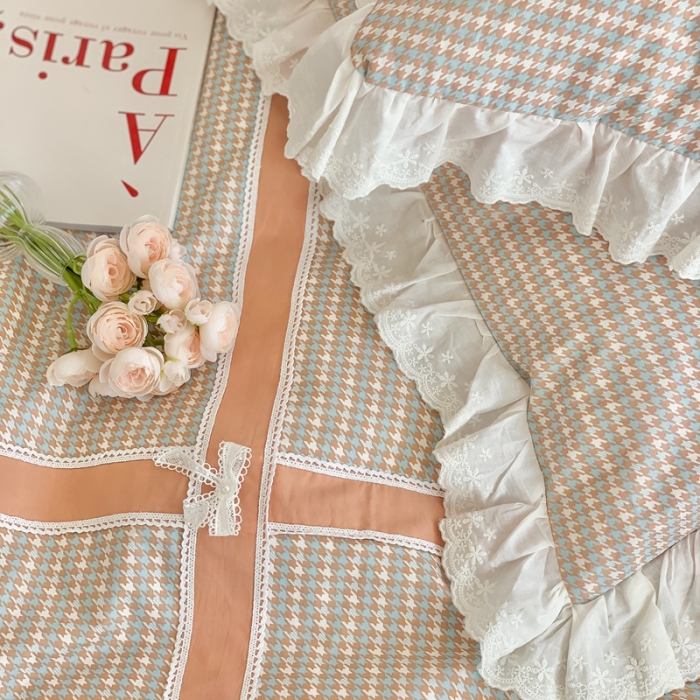 91家纺网 家纺一手货源 找家纺 橙艺家居 2022新款全棉色织水洗花边工艺款四件套塞纳河畔