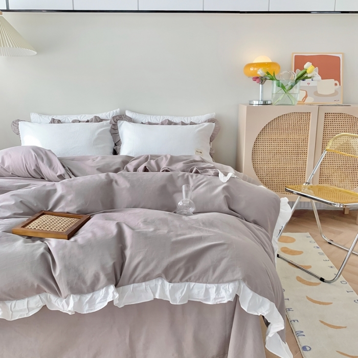 91家纺网 家纺一手货源 找家纺 （总）橙艺家居 2022新款全棉色织水洗花边纯色四件套套件