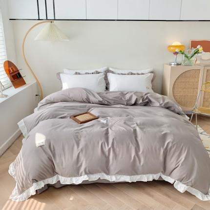 91家纺网 家纺一手货源 找家纺 （总）橙艺家居 2022新款全棉色织水洗花边纯色四件套套件,都市灰,南瓜橙,天真蓝,胭脂粉