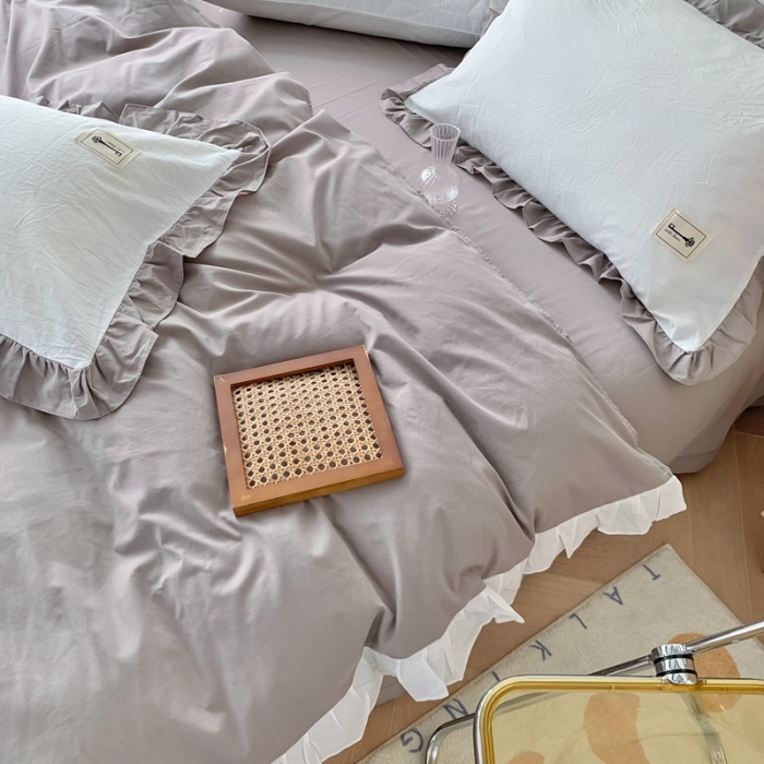 91家纺网 家纺一手货源 找家纺 （总）橙艺家居 2022新款全棉色织水洗花边纯色四件套套件