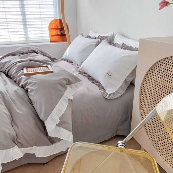 91家纺网 家纺一手货源 找家纺 （总）橙艺家居 2022新款全棉色织水洗花边纯色四件套套件