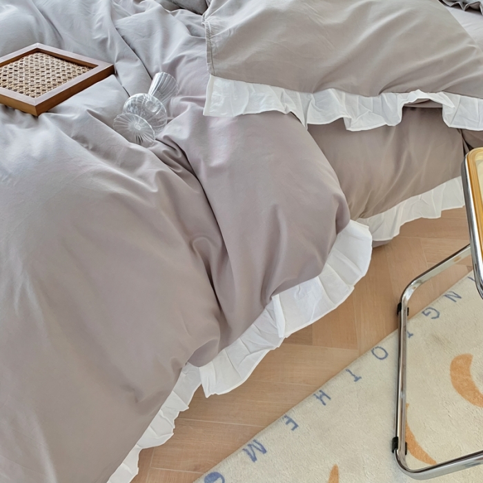 91家纺网 家纺一手货源 找家纺 （总）橙艺家居 2022新款全棉色织水洗花边纯色四件套套件