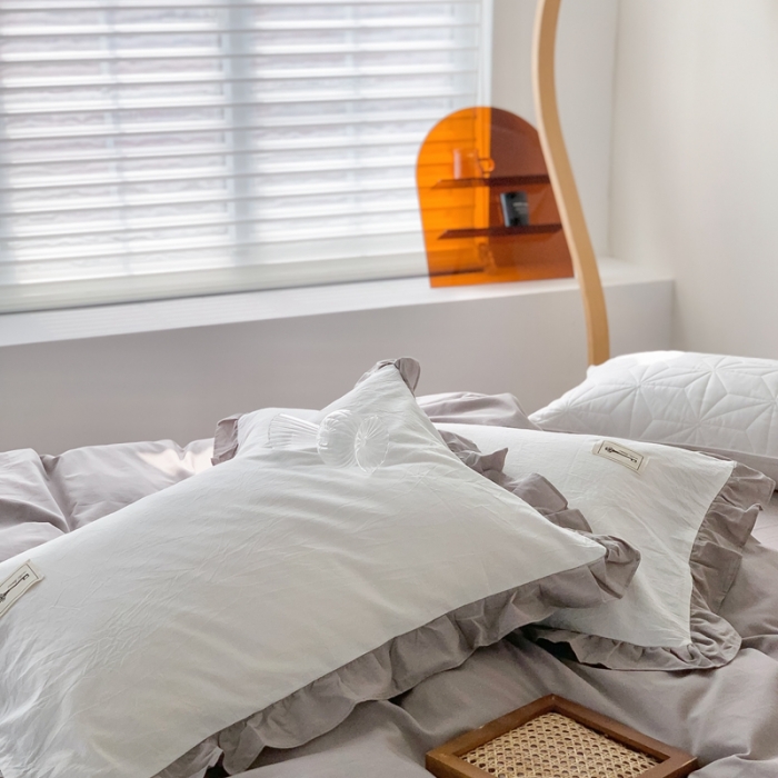 91家纺网 家纺一手货源 找家纺 （总）橙艺家居 2022新款全棉色织水洗花边纯色四件套套件