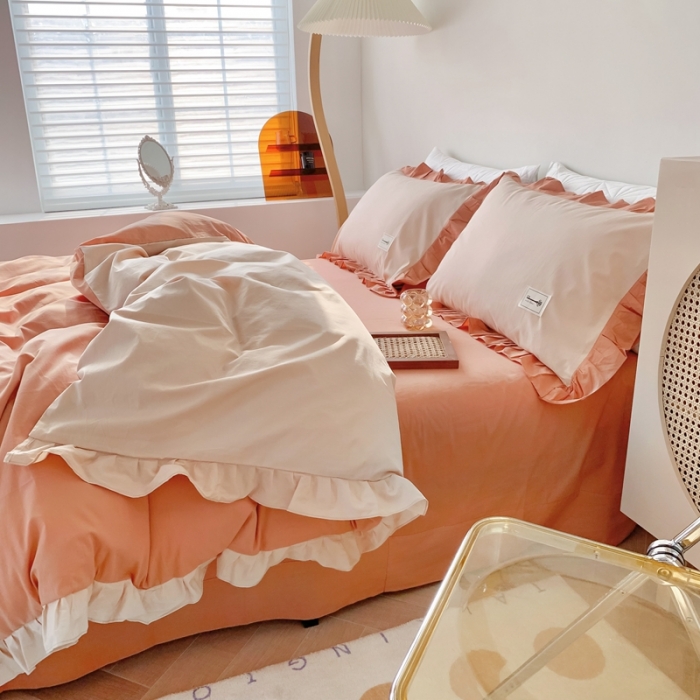 91家纺网 家纺一手货源 找家纺 橙艺家居 2022新款全棉色织水洗花边纯色四件套套件 南瓜橙