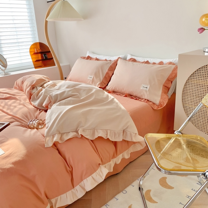 91家纺网 家纺一手货源 找家纺 橙艺家居 2022新款全棉色织水洗花边纯色四件套套件 南瓜橙