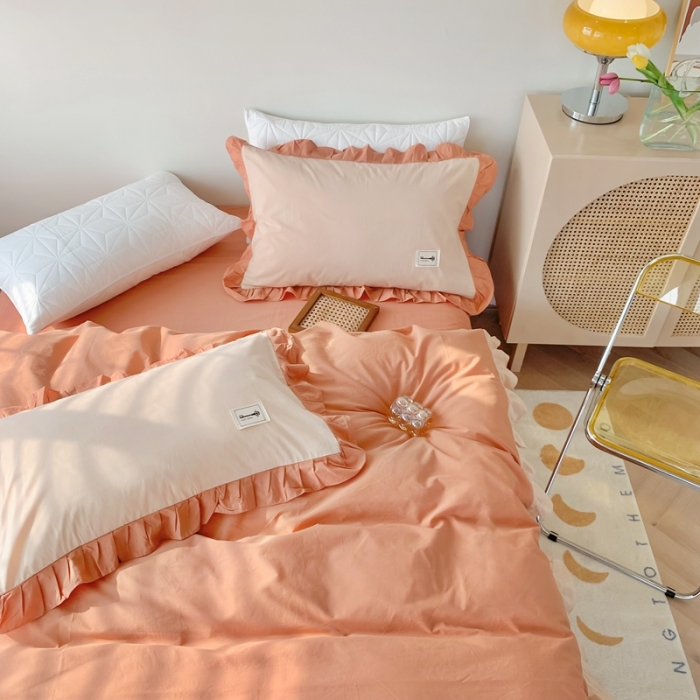 91家纺网 家纺一手货源 找家纺 橙艺家居 2022新款全棉色织水洗花边纯色四件套套件 南瓜橙