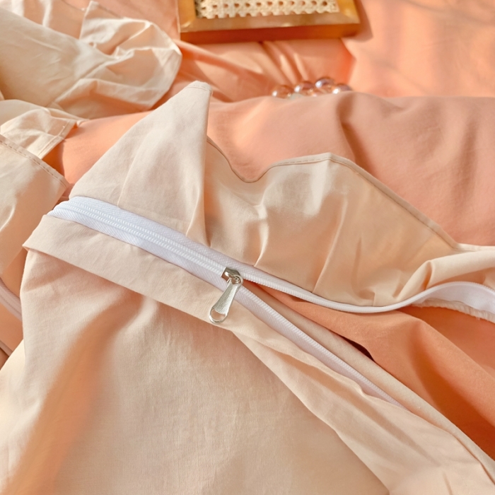 91家纺网 家纺一手货源 找家纺 橙艺家居 2022新款全棉色织水洗花边纯色四件套套件 南瓜橙