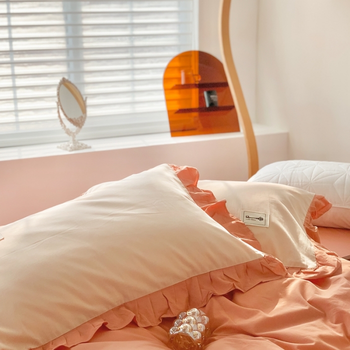 91家纺网 家纺一手货源 找家纺 橙艺家居 2022新款全棉色织水洗花边纯色四件套套件 南瓜橙