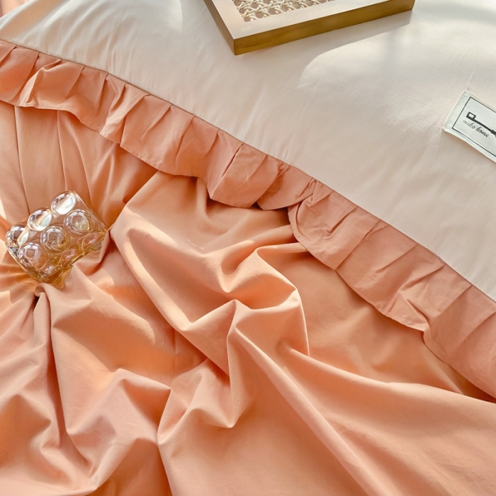 91家纺网 家纺一手货源 找家纺 橙艺家居 2022新款全棉色织水洗花边纯色四件套套件 南瓜橙