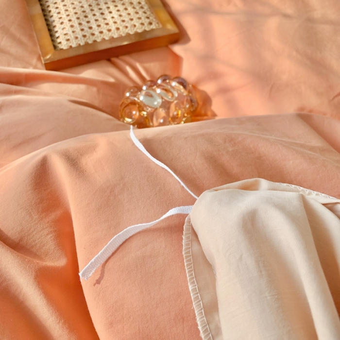 91家纺网 家纺一手货源 找家纺 橙艺家居 2022新款全棉色织水洗花边纯色四件套套件 南瓜橙