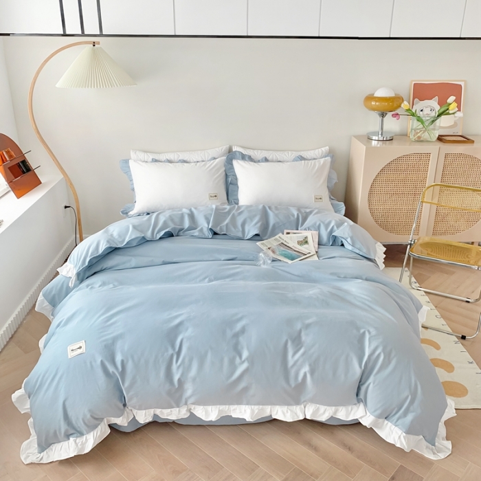 91家纺网 家纺一手货源 找家纺 橙艺家居 2022新款全棉色织水洗花边纯色四件套套件 天真蓝