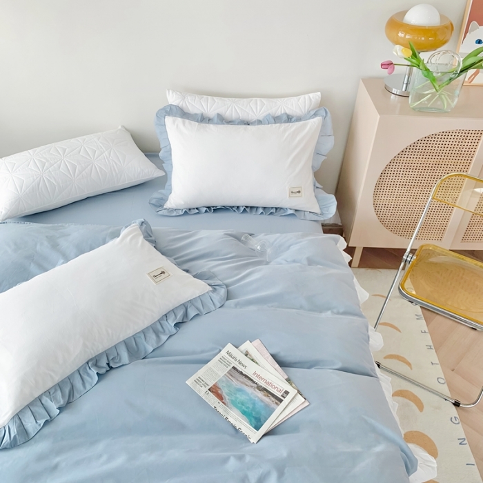 91家纺网 家纺一手货源 找家纺 橙艺家居 2022新款全棉色织水洗花边纯色四件套套件 天真蓝