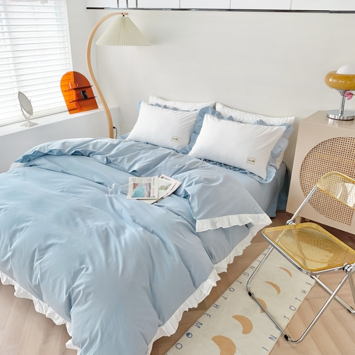 91家纺网 家纺一手货源 找家纺 橙艺家居 2022新款全棉色织水洗花边纯色四件套套件 天真蓝