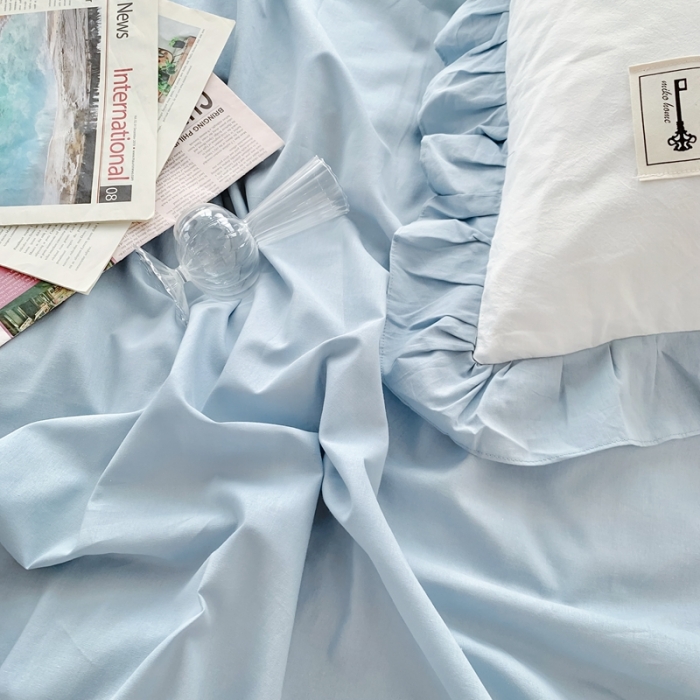 91家纺网 家纺一手货源 找家纺 橙艺家居 2022新款全棉色织水洗花边纯色四件套套件 天真蓝