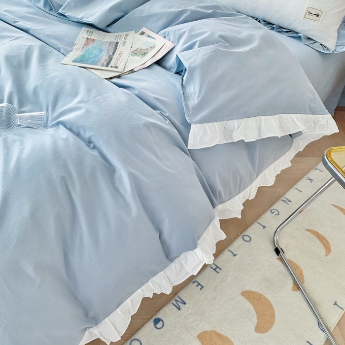 91家纺网 家纺一手货源 找家纺 橙艺家居 2022新款全棉色织水洗花边纯色四件套套件 天真蓝