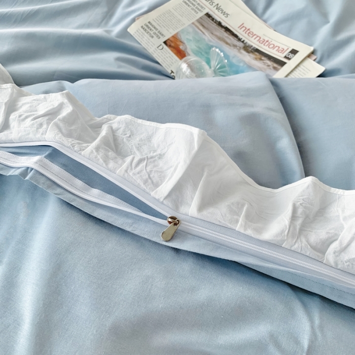 91家纺网 家纺一手货源 找家纺 橙艺家居 2022新款全棉色织水洗花边纯色四件套套件 天真蓝